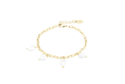 Golden linkchain bracelet with tiny mother of pearl hearts