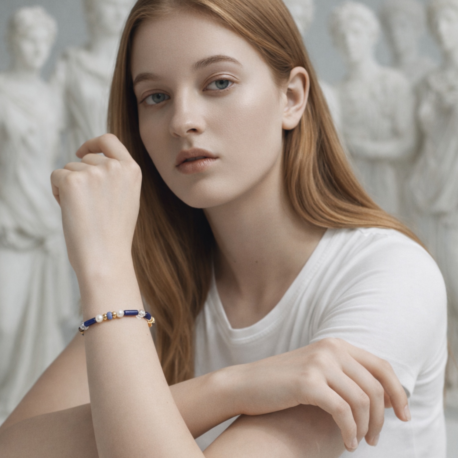 Model portant l’Athens Bracelet al canell, polsera de pedres blaves i blanques amb detalls daurats, inspiració clàssica i elegant.