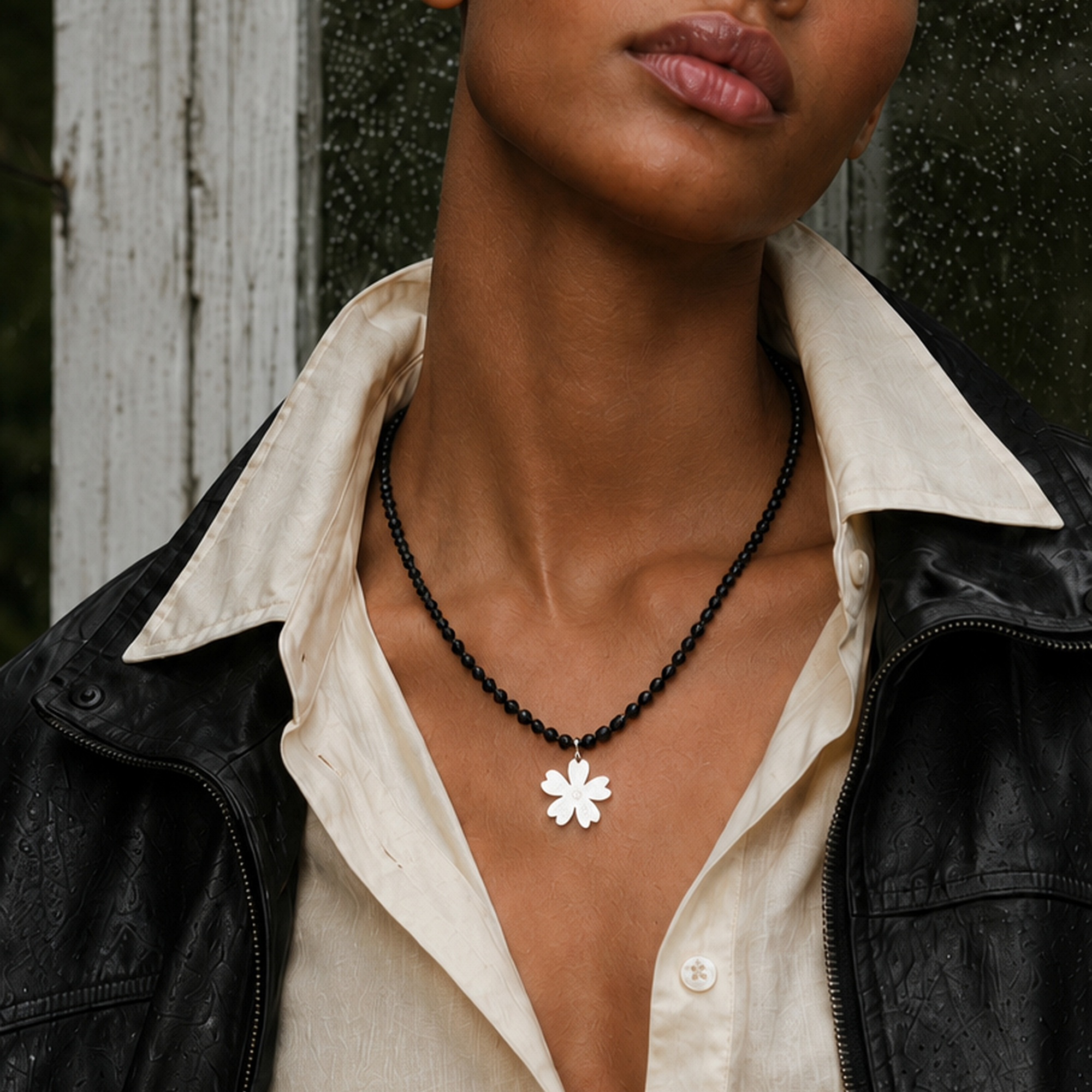 Fleur Beaded Necklace Silver Black - Image 4