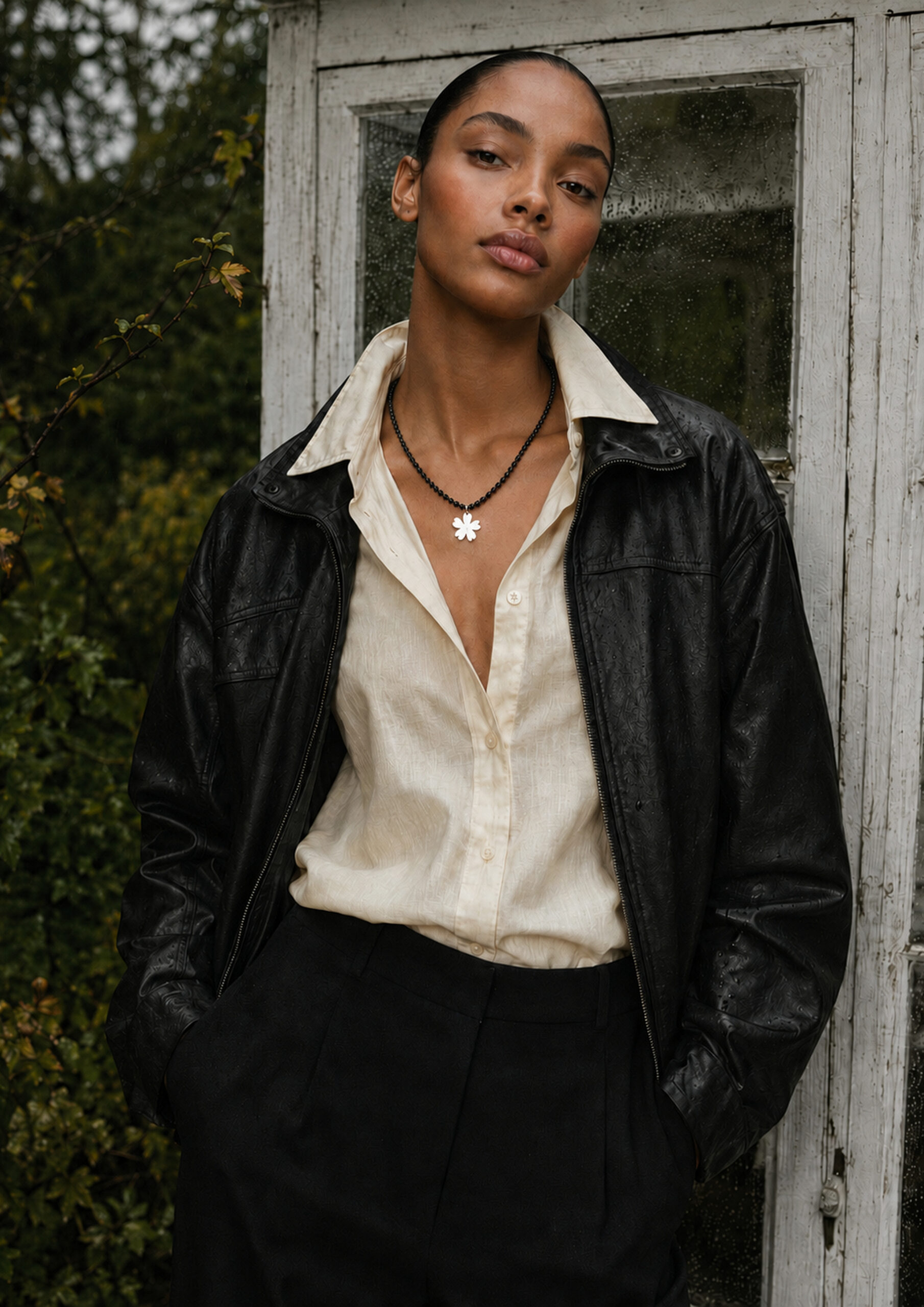 Model wearing a black bead necklace with a silver flower pendant, Klimbim Garden collection