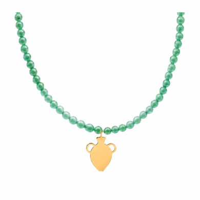 Green jade beaded necklace with gold amphora pendant