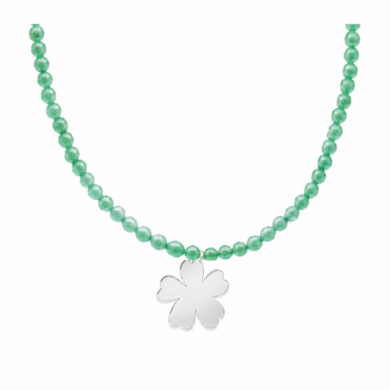 Detail of green jade beads and silver Fleur flower pendant