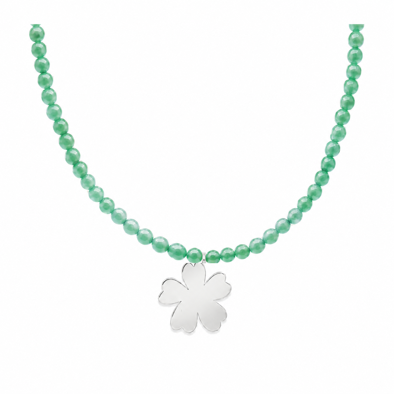 Detail of green jade beads and silver Fleur flower pendant