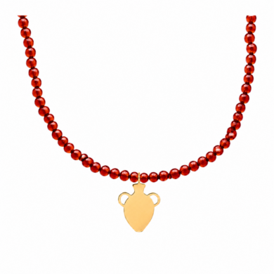 Red carnelian beaded necklace with gold amphora pendant