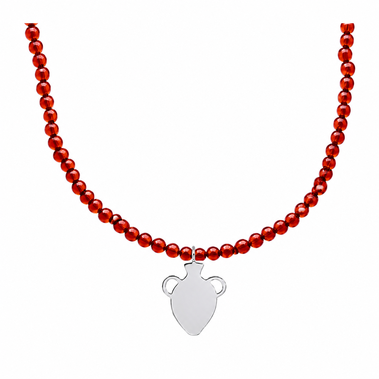Red carnelian beaded necklace with silver amphora pendant