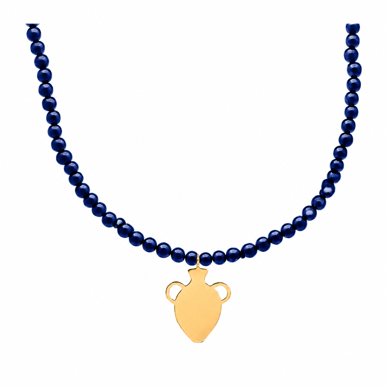 Lapis lazuli beaded necklace with gold amphora pendant