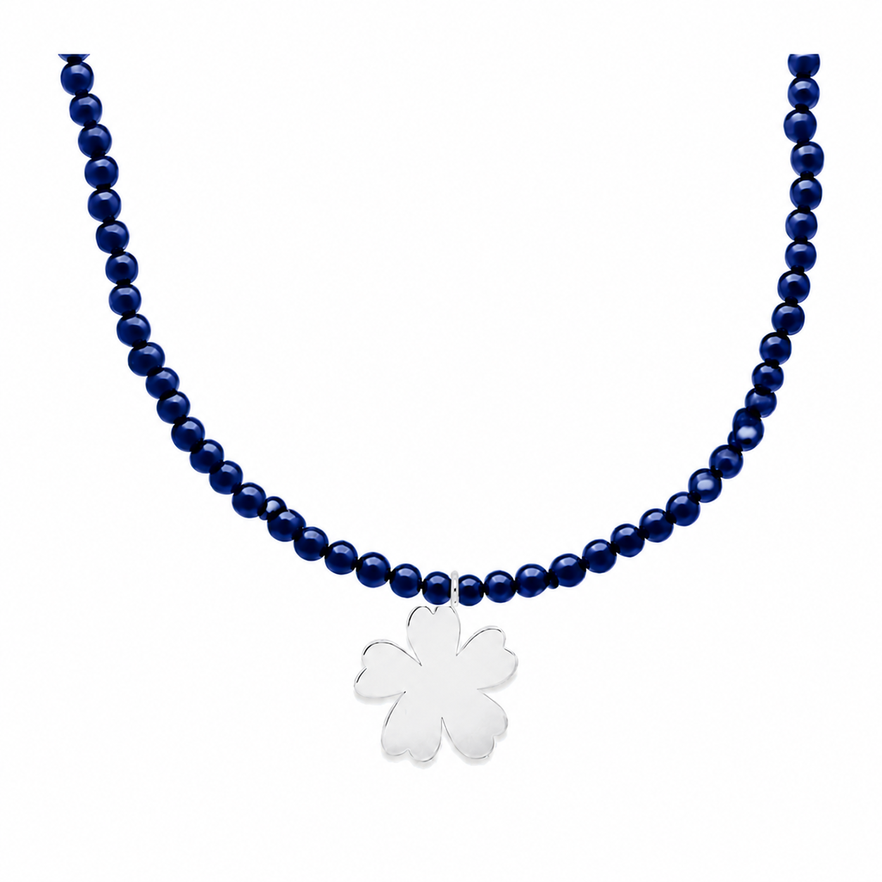 Fleur lapis lazuli bead necklace with silver flower pendant