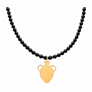 Black onyx beaded necklace with gold amphora pendant