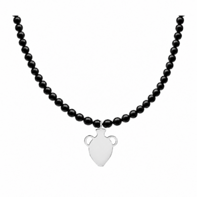 Black onyx beaded necklace with silver amphora pendant
