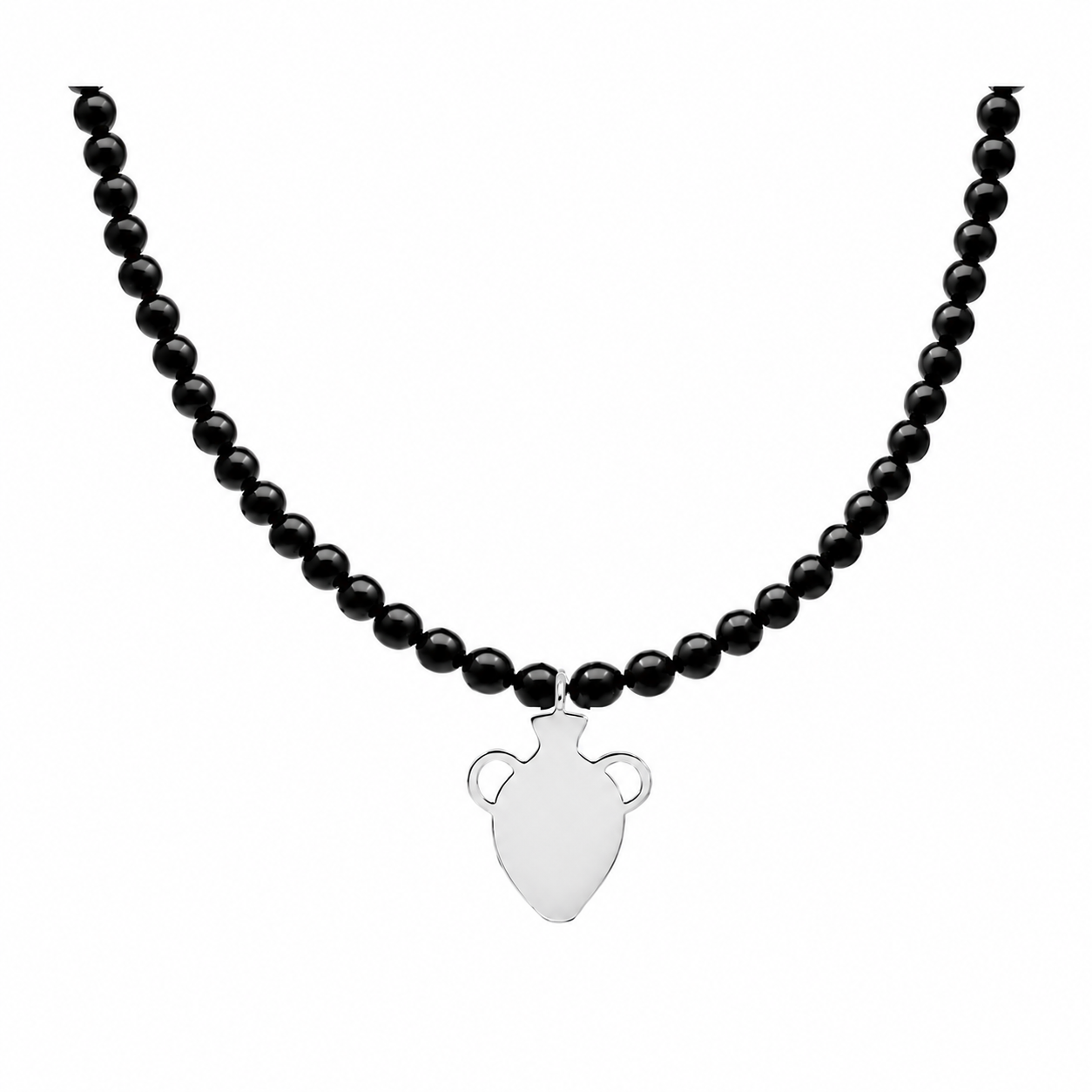 Black onyx beaded necklace with silver amphora pendant