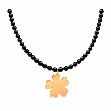 Close-up of 3 mm black onyx beads and gold Fleur flower pendant