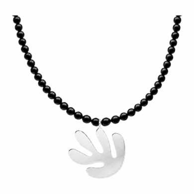 Black onyx beaded necklace with silver stainless steel hand pendant